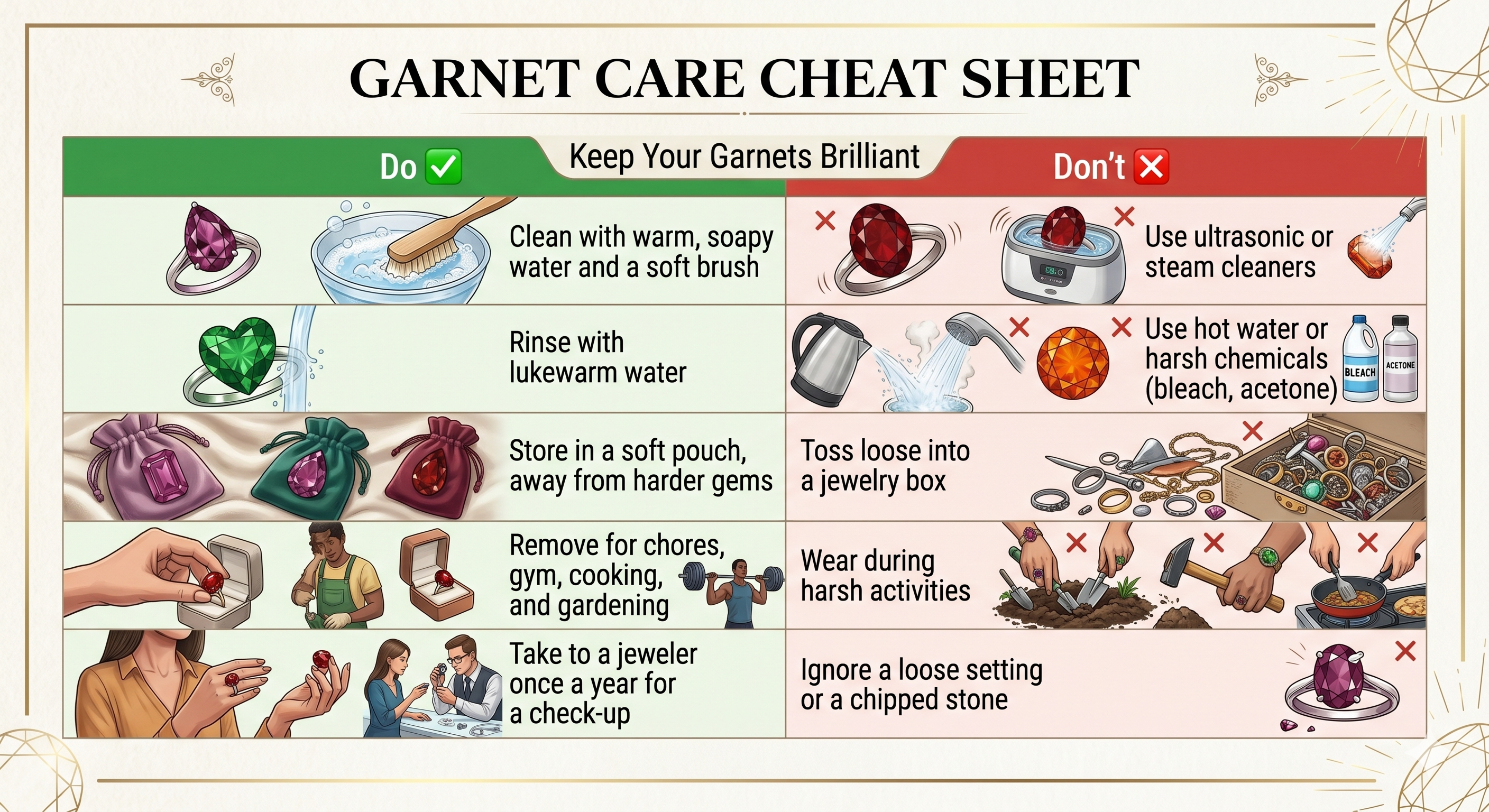 Garnet Care Cheat Sheet